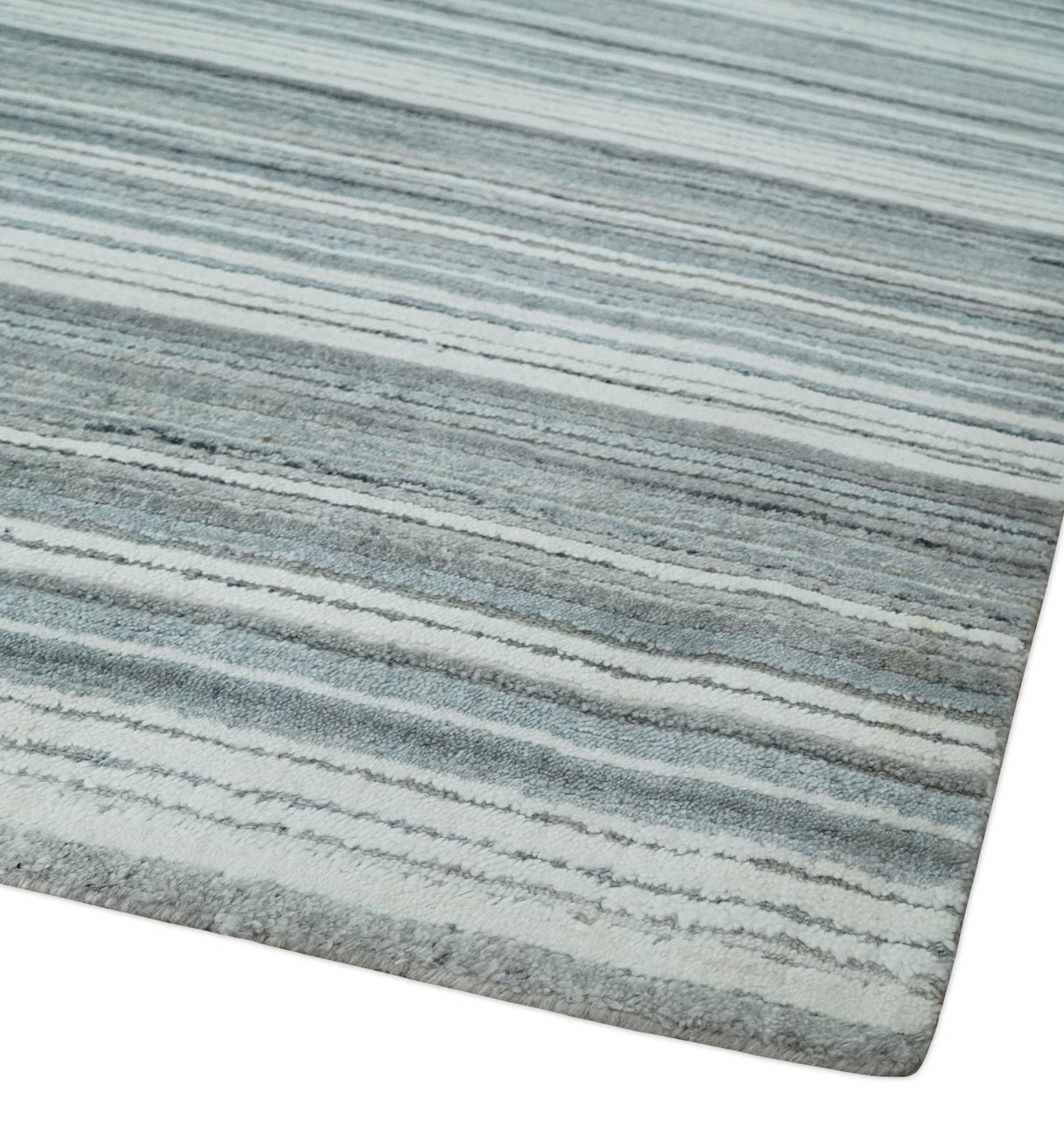 Striped Flatwoven 8x10 White, Silver and Gray Scandinavian Hand Made Blended Wool Area Rug | KE3