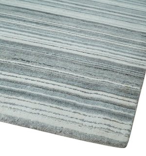 Striped Flatwoven 8x10 White, Silver and Gray Scandinavian Hand Made Blended Wool Area Rug | KE3