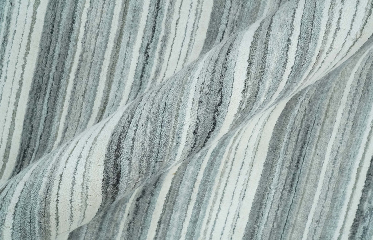Striped Flatwoven 8x10 White, Silver and Gray Scandinavian Hand Made Blended Wool Area Rug | KE3