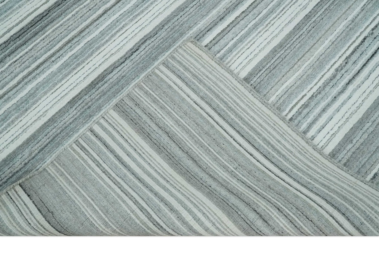 Striped Flatwoven 8x10 White, Silver and Gray Scandinavian Hand Made Blended Wool Area Rug | KE3