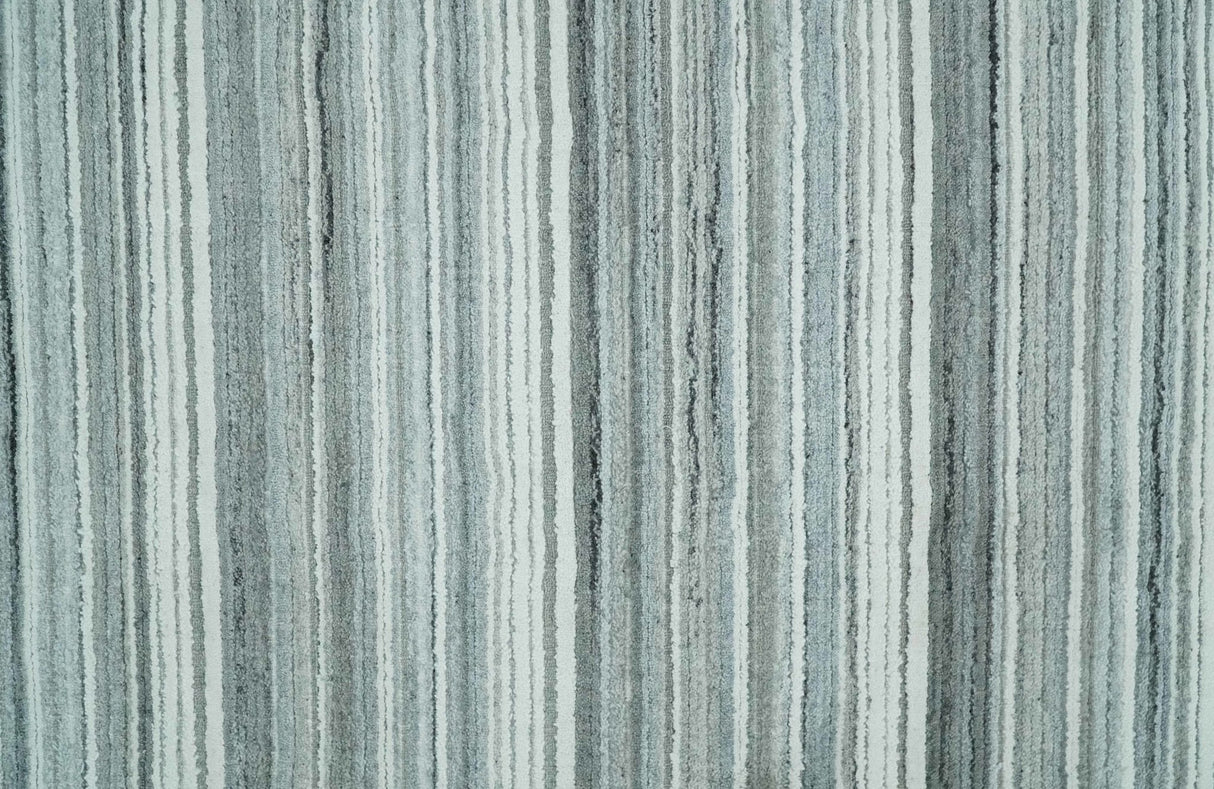 Striped Flatwoven 8x10 White, Silver and Gray Scandinavian Hand Made Blended Wool Area Rug | KE3