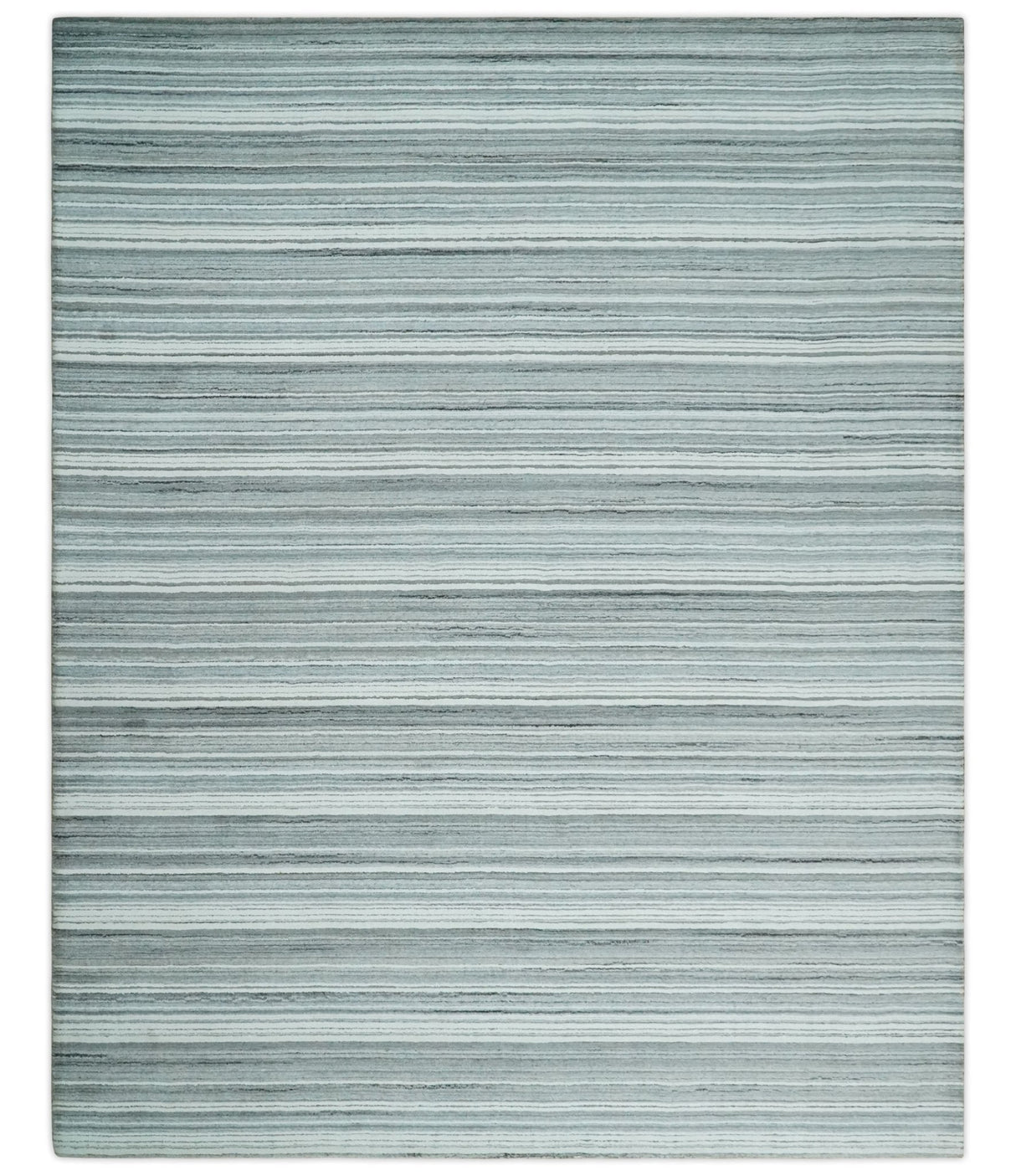 Striped Flatwoven 8x10 White, Silver and Gray Scandinavian Hand Made Blended Wool Area Rug | KE3