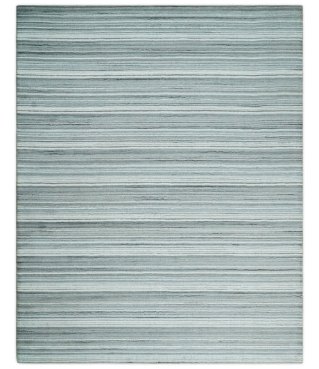 Striped Flatwoven 8x10 White, Silver and Gray Scandinavian Hand Made Blended Wool Area Rug | KE3