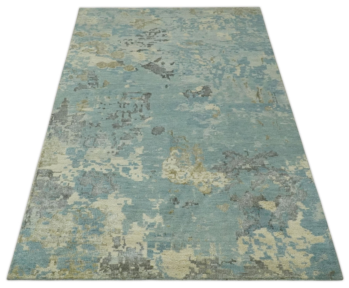 Teal, Beige, Silver and Charcoal Modern abstract Hand Knotted 5x8 wool Area Rug