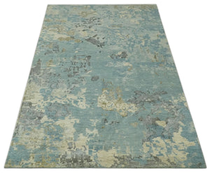 Teal, Beige, Silver and Charcoal Modern abstract Hand Knotted 5x8 wool Area Rug
