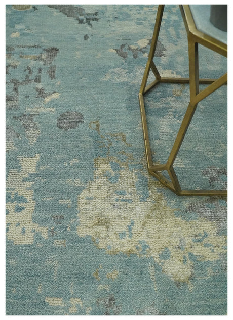 Teal, Beige, Silver and Charcoal Modern abstract Hand Knotted 5x8 wool Area Rug
