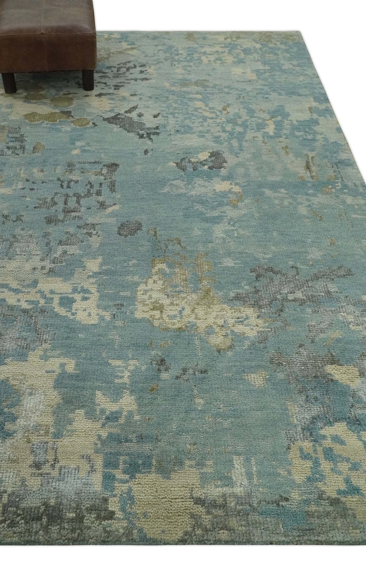 Teal, Beige, Silver and Charcoal Modern abstract Hand Knotted 5x8 wool Area Rug