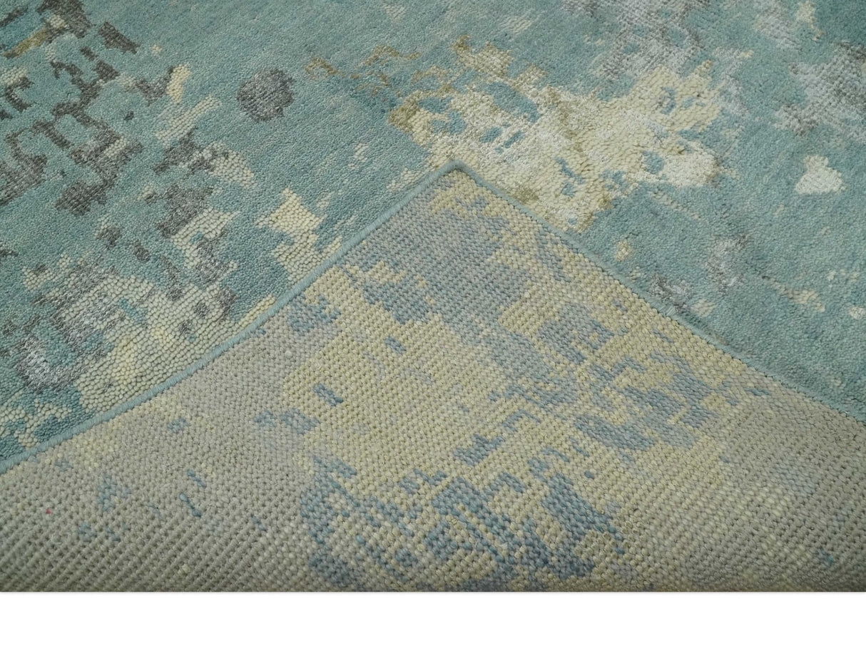 Teal, Beige, Silver and Charcoal Modern abstract Hand Knotted 5x8 wool Area Rug