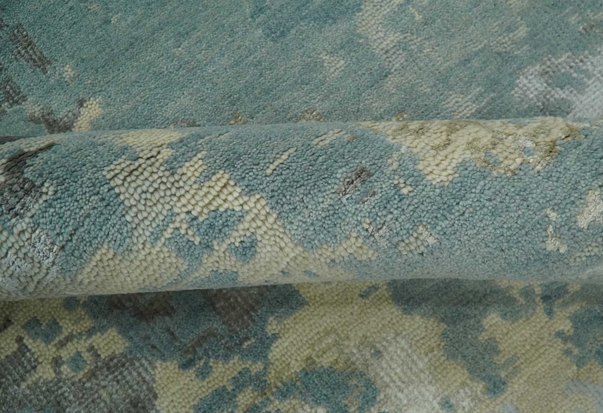Teal, Beige, Silver and Charcoal Modern abstract Hand Knotted 5x8 wool Area Rug