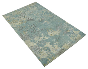 Teal, Beige, Silver and Charcoal Modern abstract Hand Knotted 5x8 wool Area Rug
