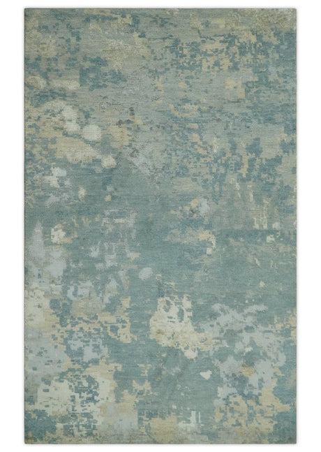 Teal, Beige, Silver and Charcoal Modern abstract Hand Knotted 5x8 wool Area Rug