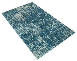 Teal, Blue and Silver 5x8 Hand Knotted Modern Abstract Art Silk Area Rug