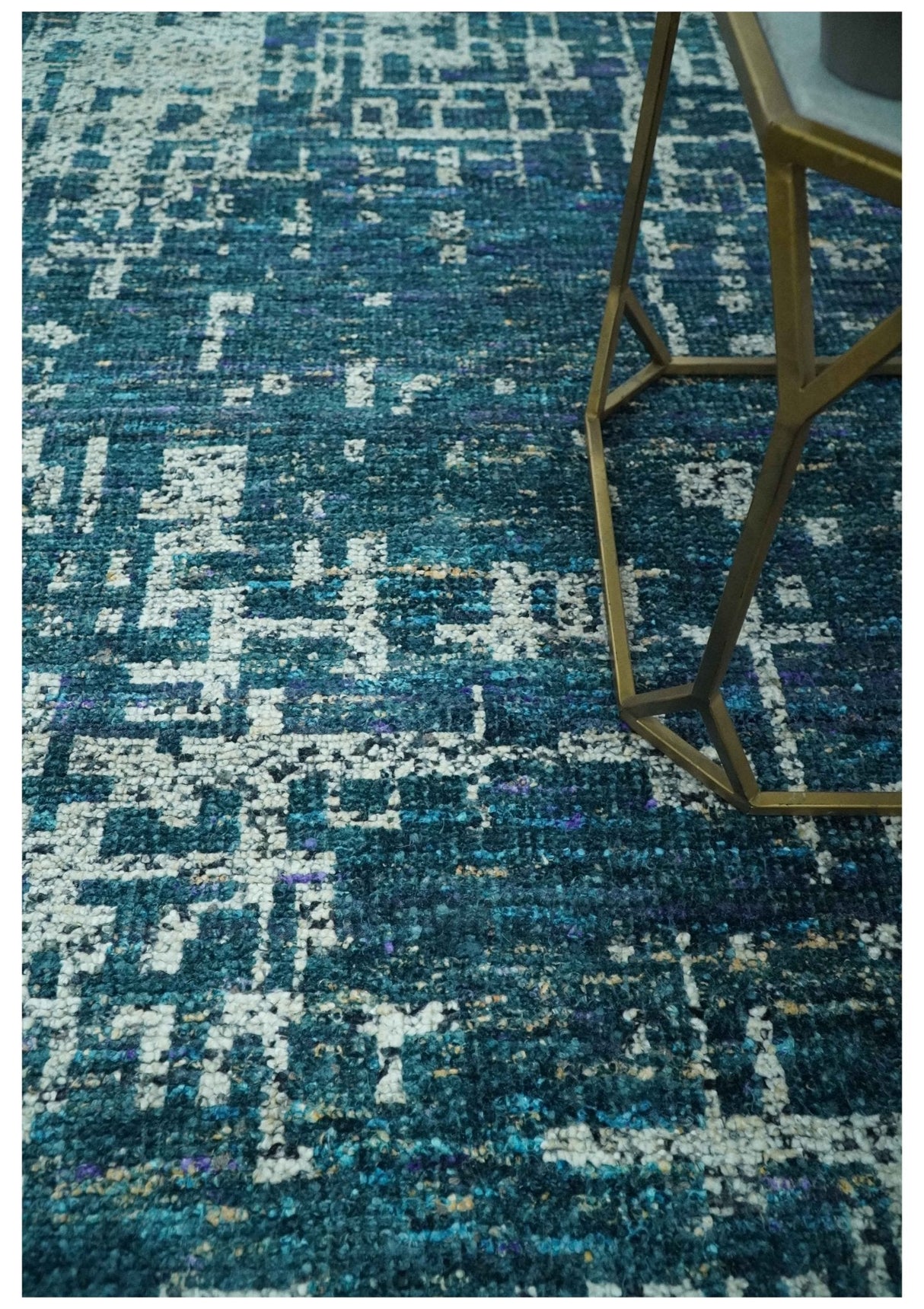 Teal, Blue and Silver 5x8 Hand Knotted Modern Abstract Art Silk Area Rug