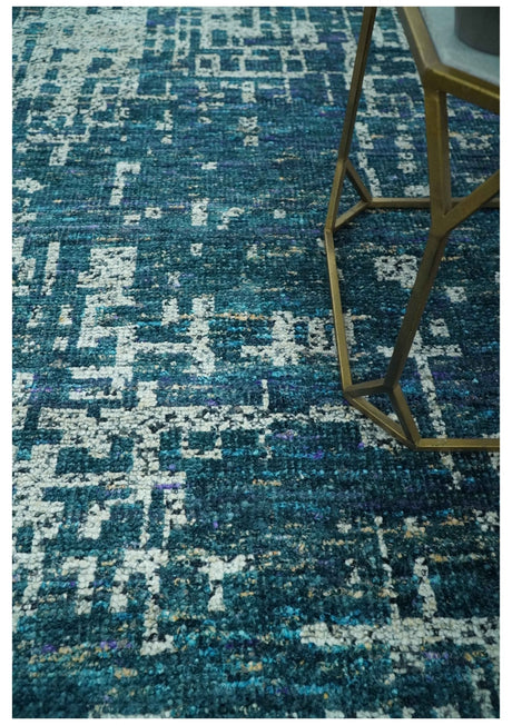 Teal, Blue and Silver 5x8 Hand Knotted Modern Abstract Art Silk Area Rug
