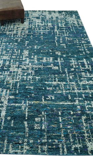 Teal, Blue and Silver 5x8 Hand Knotted Modern Abstract Art Silk Area Rug