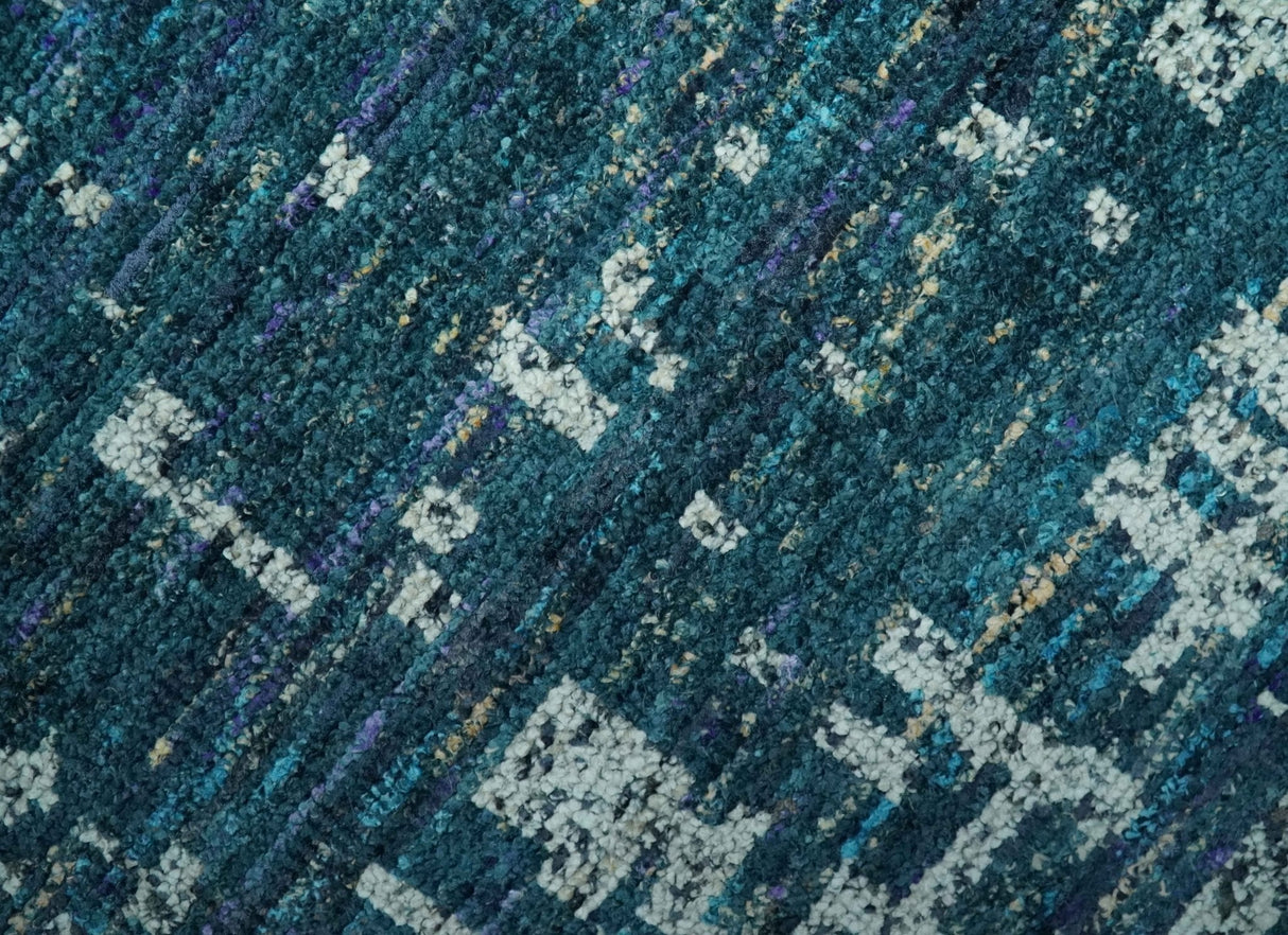 Teal, Blue and Silver 5x8 Hand Knotted Modern Abstract Art Silk Area Rug