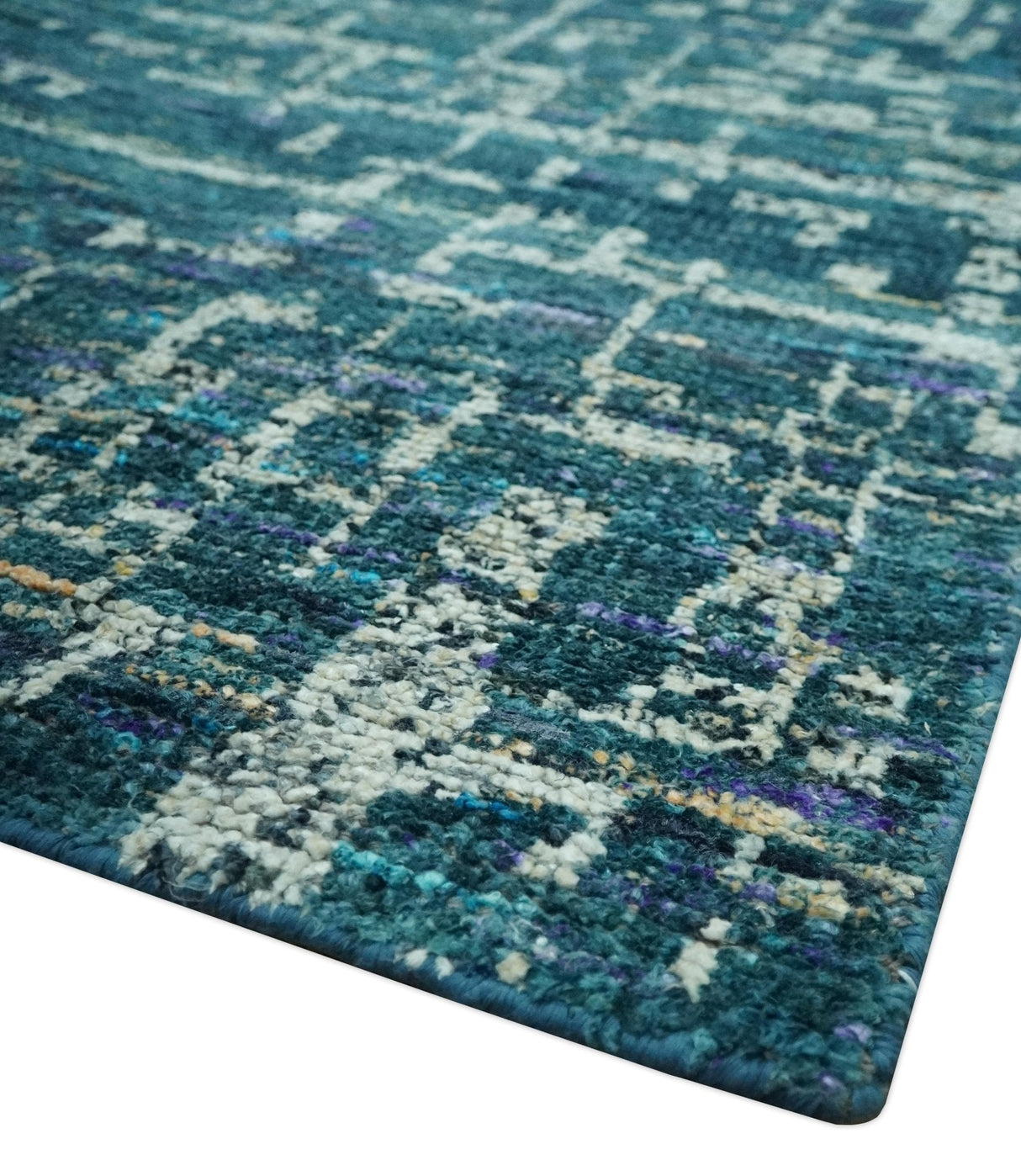 Teal, Blue and Silver 5x8 Hand Knotted Modern Abstract Art Silk Area Rug