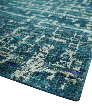 Teal, Blue and Silver 5x8 Hand Knotted Modern Abstract Art Silk Area Rug