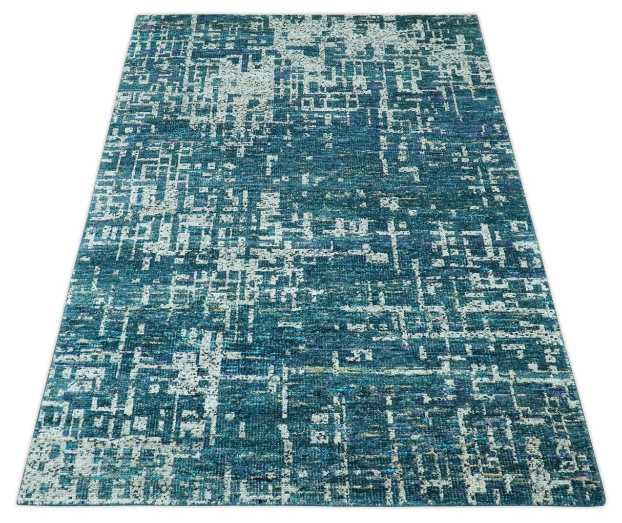 Teal, Blue and Silver 5x8 Hand Knotted Modern Abstract Art Silk Area Rug