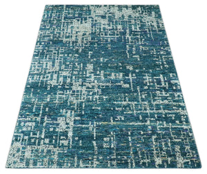 Teal, Blue and Silver 5x8 Hand Knotted Modern Abstract Art Silk Area Rug