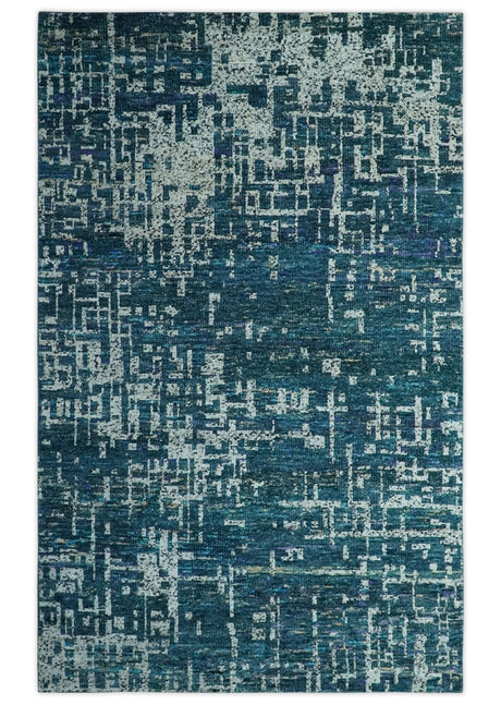 Teal, Blue and Silver 5x8 Hand Knotted Modern Abstract Art Silk Area Rug