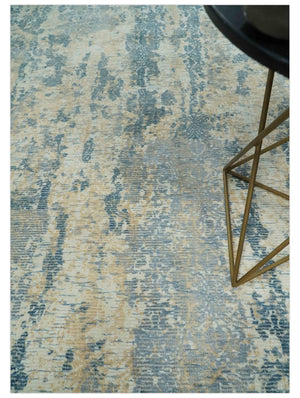 Teal, Gold and Ivory Modern Abstract 5x8 Hand loom wool and Viscose Area Rug