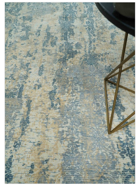 Teal, Gold and Ivory Modern Abstract 5x8 Hand loom wool and Viscose Area Rug