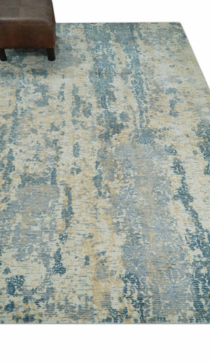Teal, Gold and Ivory Modern Abstract 5x8 Hand loom wool and Viscose Area Rug
