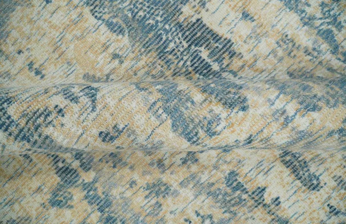 Teal, Gold and Ivory Modern Abstract 5x8 Hand loom wool and Viscose Area Rug