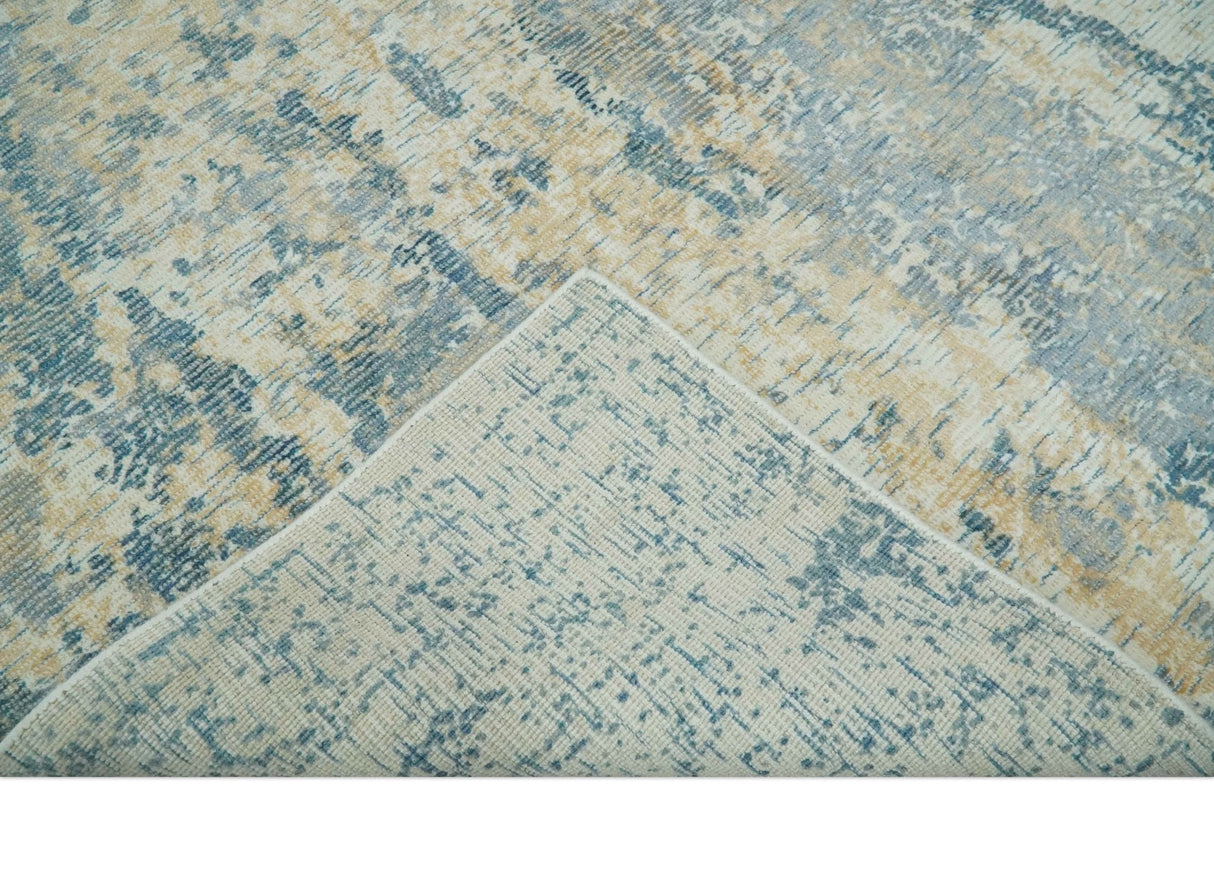 Teal, Gold and Ivory Modern Abstract 5x8 Hand loom wool and Viscose Area Rug