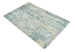 Teal, Gold and Ivory Modern Abstract 5x8 Hand loom wool and Viscose Area Rug
