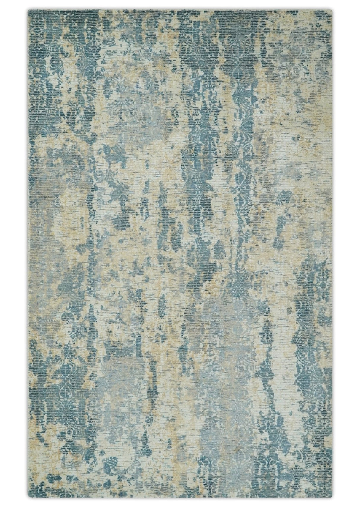 Teal, Gold and Ivory Modern Abstract 5x8 Hand loom wool and Viscose Area Rug