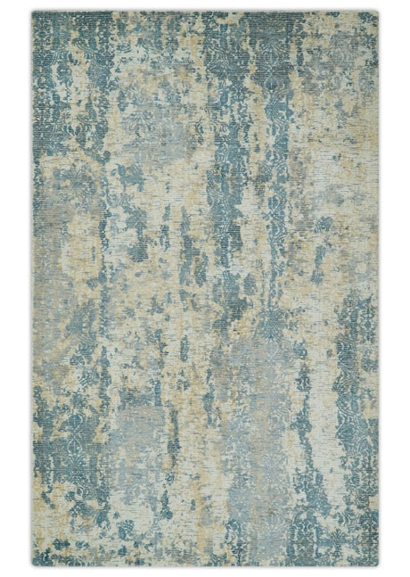 Teal, Gold and Ivory Modern Abstract 5x8 Hand loom wool and Viscose Area Rug