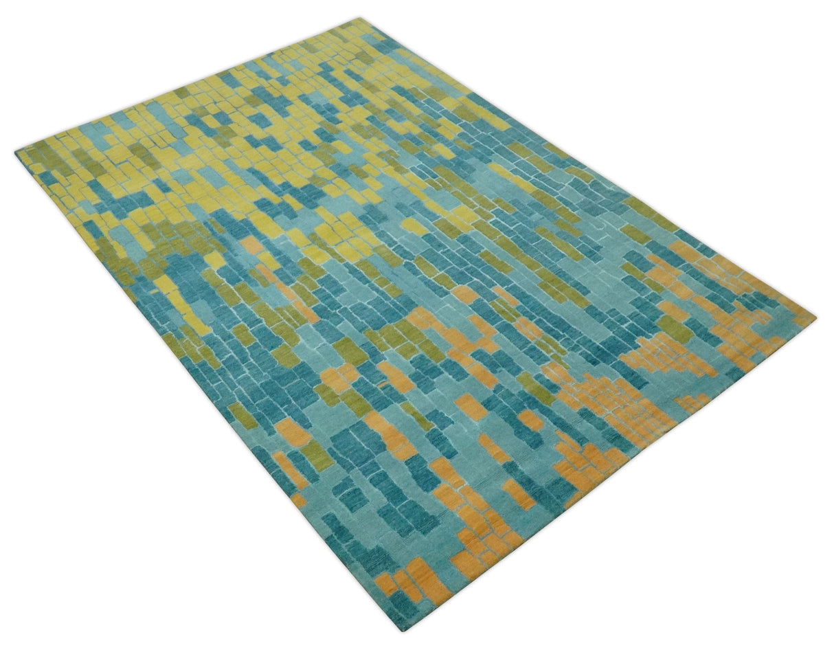 Teal, Gold and Mustard Modern Geometrical Bricks Design 5.6x7.6 wool and art silk Rug