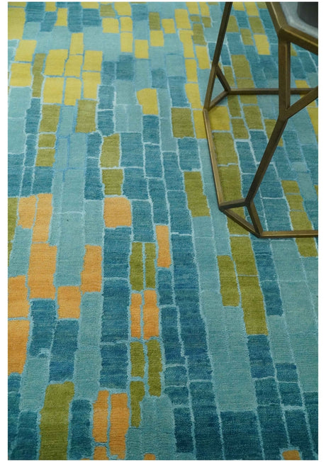 Teal, Gold and Mustard Modern Geometrical Bricks Design 5.6x7.6 wool and art silk Rug