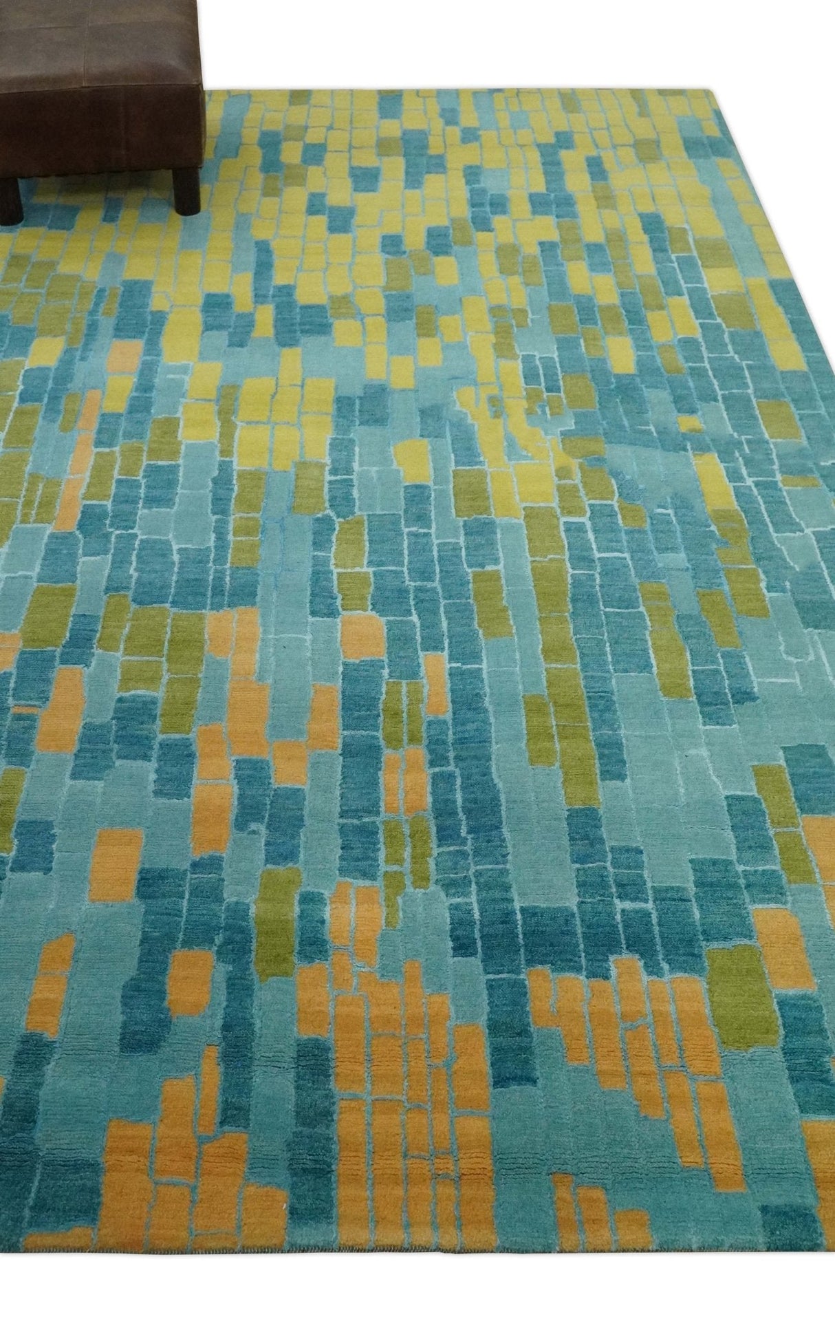 Teal, Gold and Mustard Modern Geometrical Bricks Design 5.6x7.6 wool and art silk Rug