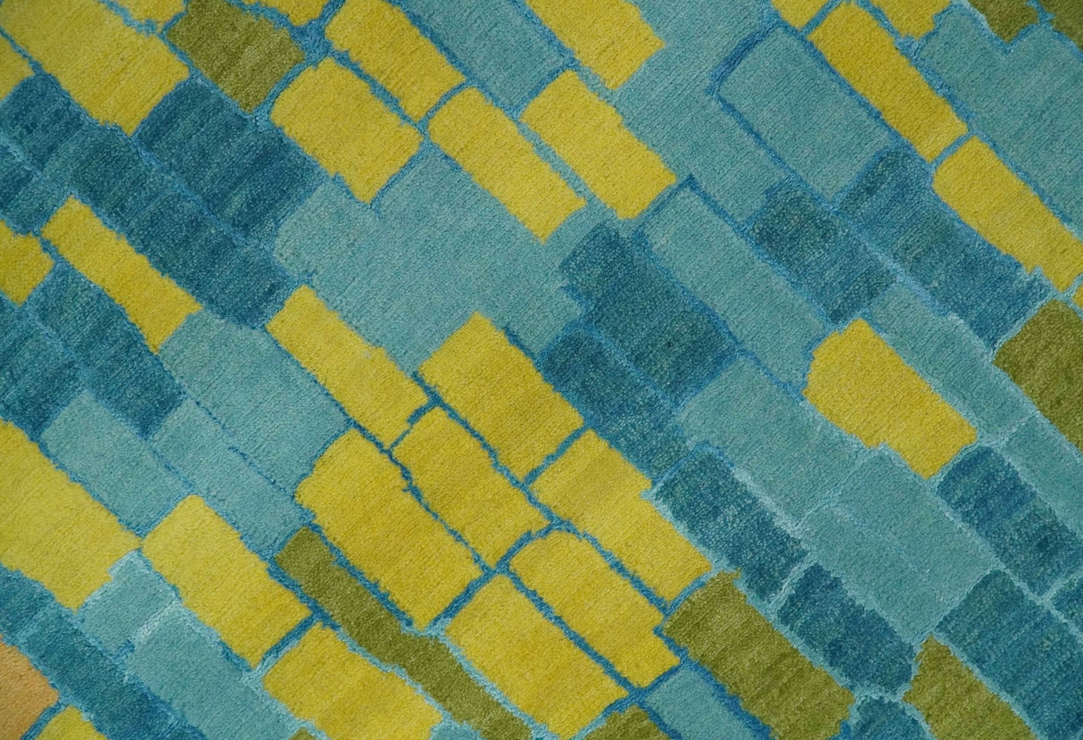 Teal, Gold and Mustard Modern Geometrical Bricks Design 5.6x7.6 wool and art silk Rug