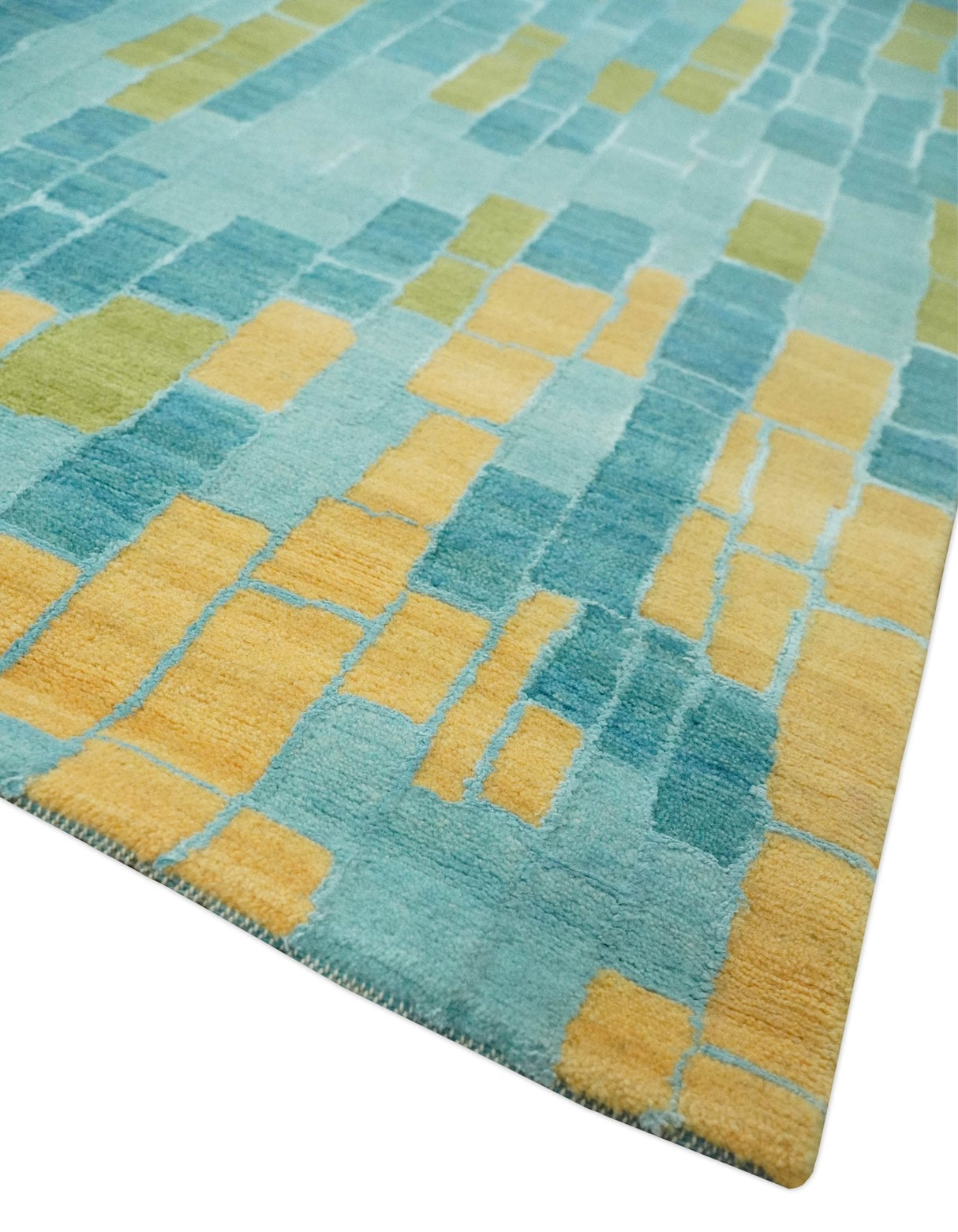 Teal, Gold and Mustard Modern Geometrical Bricks Design 5.6x7.6 wool and art silk Rug