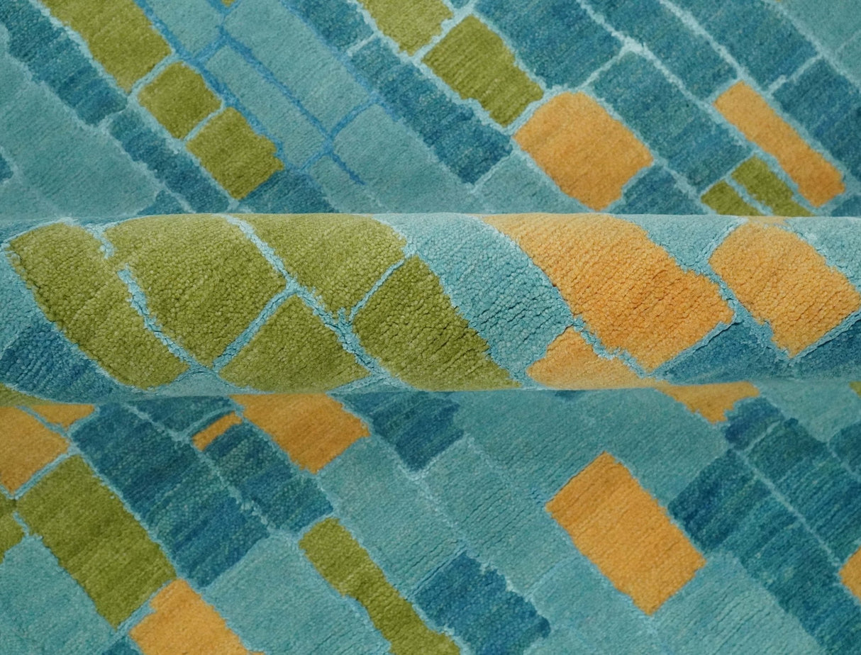 Teal, Gold and Mustard Modern Geometrical Bricks Design 5.6x7.6 wool and art silk Rug