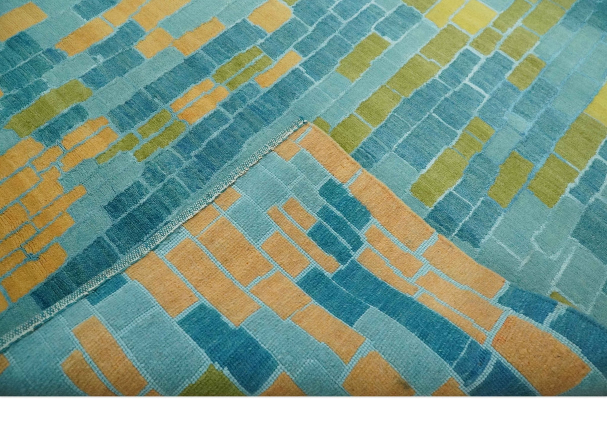 Teal, Gold and Mustard Modern Geometrical Bricks Design 5.6x7.6 wool and art silk Rug
