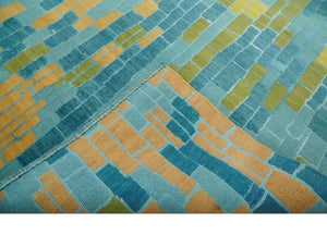 Teal, Gold and Mustard Modern Geometrical Bricks Design 5.6x7.6 wool and art silk Rug