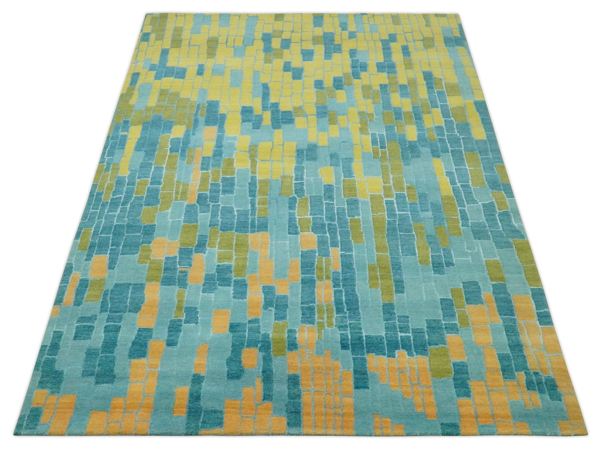 Teal, Gold and Mustard Modern Geometrical Bricks Design 5.6x7.6 wool and art silk Rug