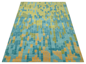 Teal, Gold and Mustard Modern Geometrical Bricks Design 5.6x7.6 wool and art silk Rug