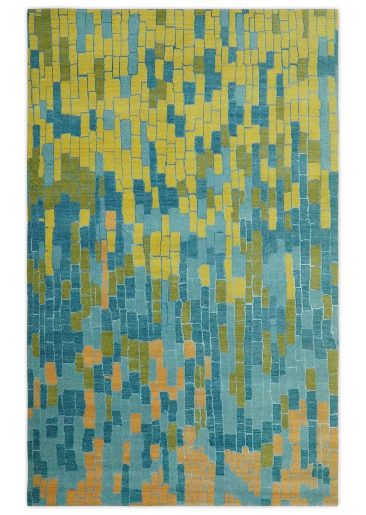 Teal, Gold and Mustard Modern Geometrical Bricks Design 5.6x7.6 wool and art silk Rug
