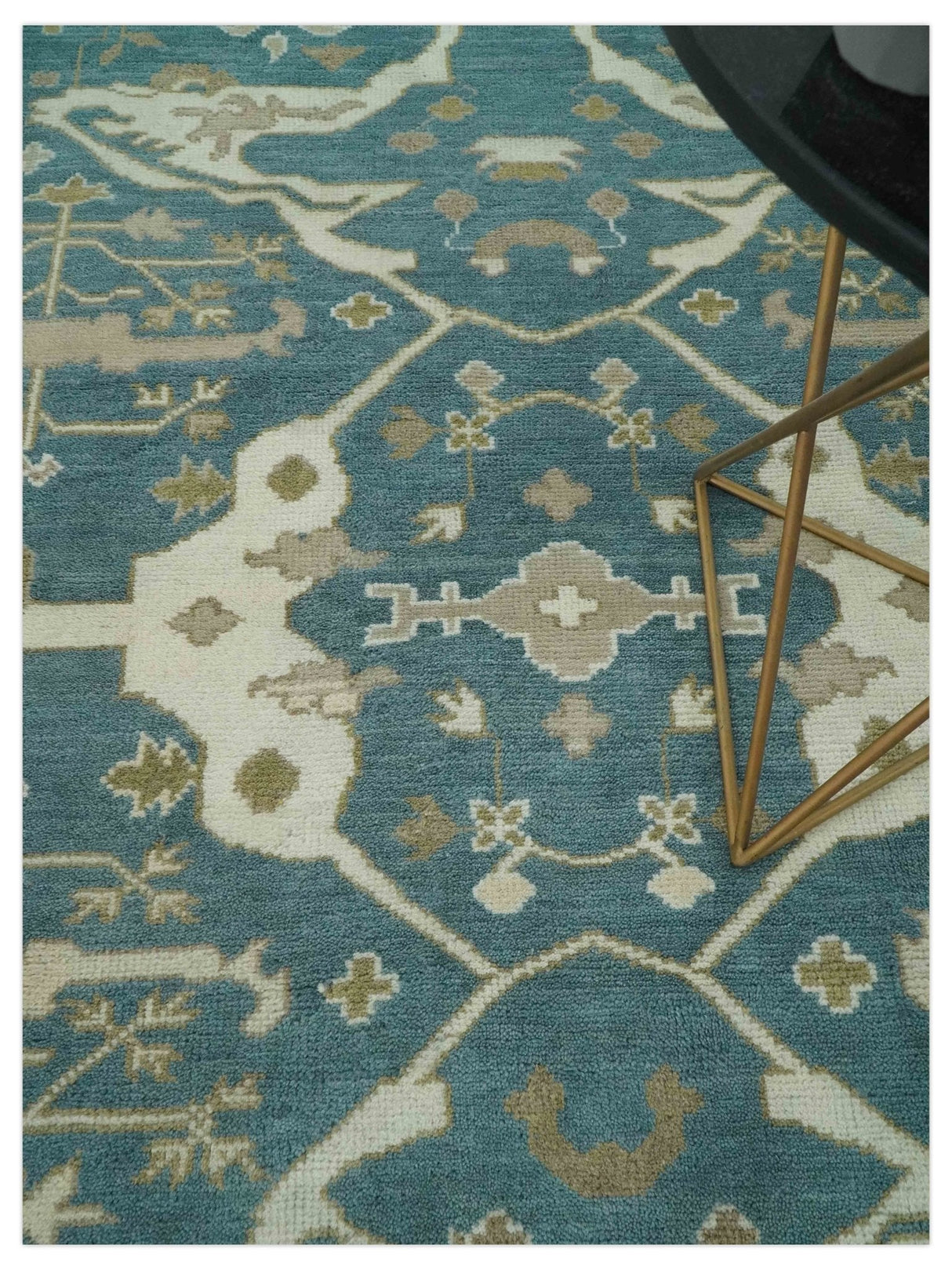 Teal, Ivory and Olive 6x9 Hand Knotted Oriental Oushak wool area rug