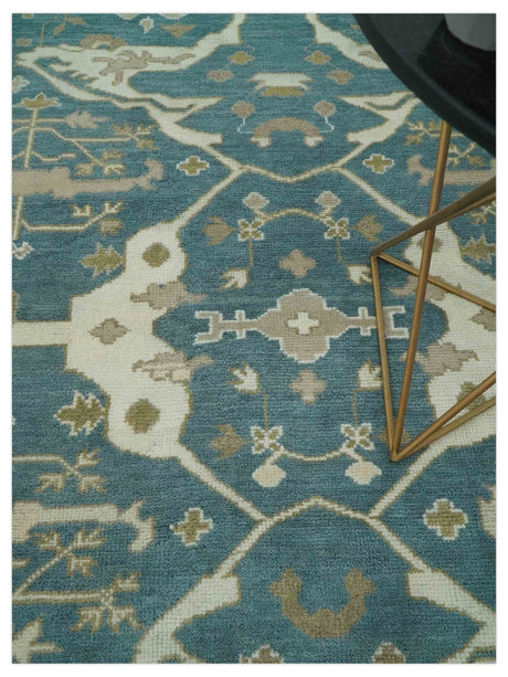 Teal, Ivory and Olive 6x9 Hand Knotted Oriental Oushak wool area rug