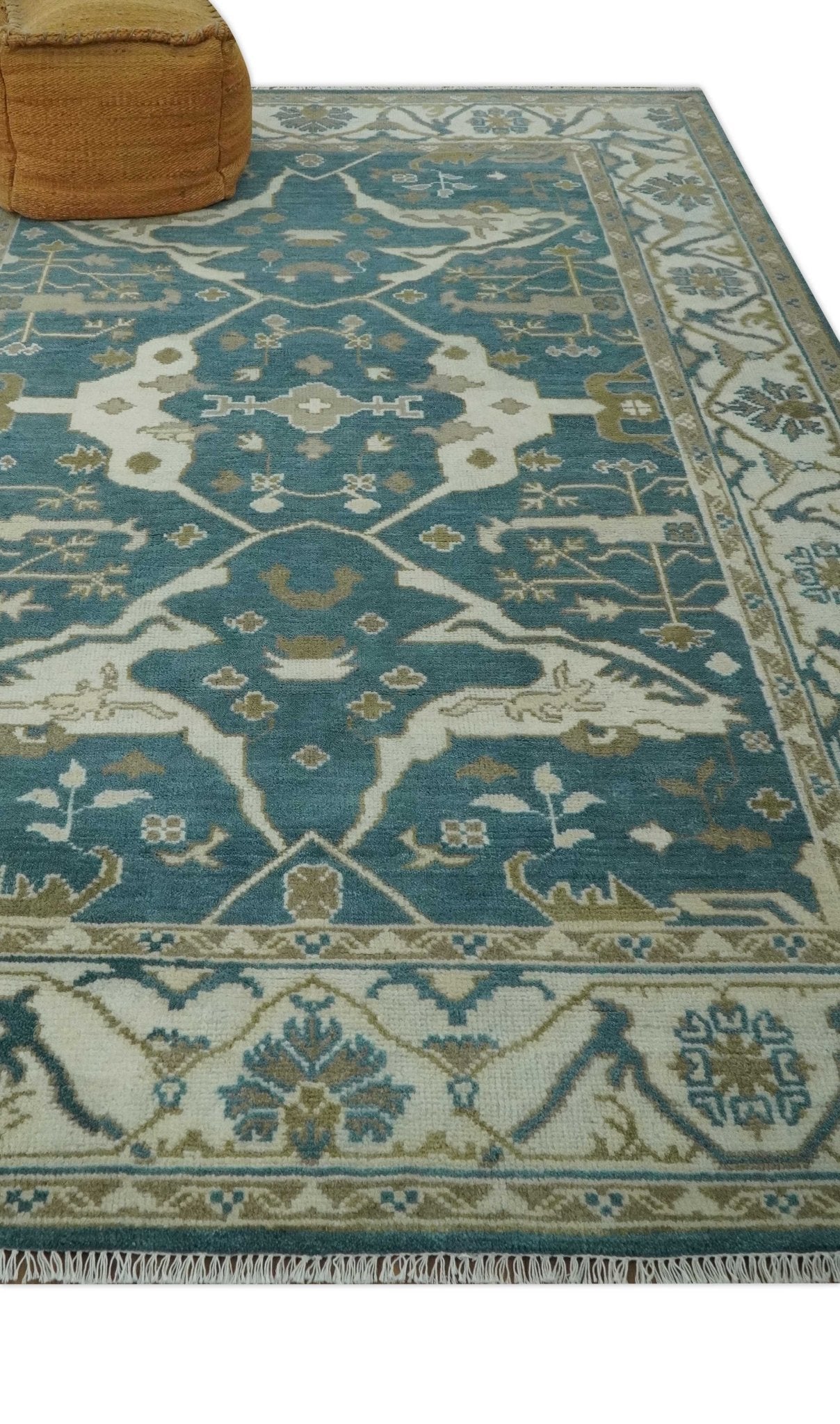 Teal, Ivory and Olive 6x9 Hand Knotted Oriental Oushak wool area rug