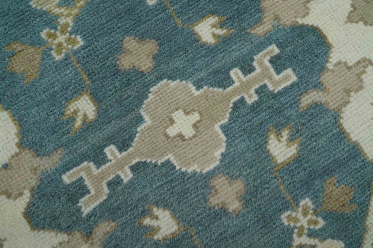 Teal, Ivory and Olive 6x9 Hand Knotted Oriental Oushak wool area rug