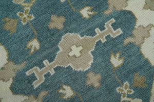 Teal, Ivory and Olive 6x9 Hand Knotted Oriental Oushak wool area rug
