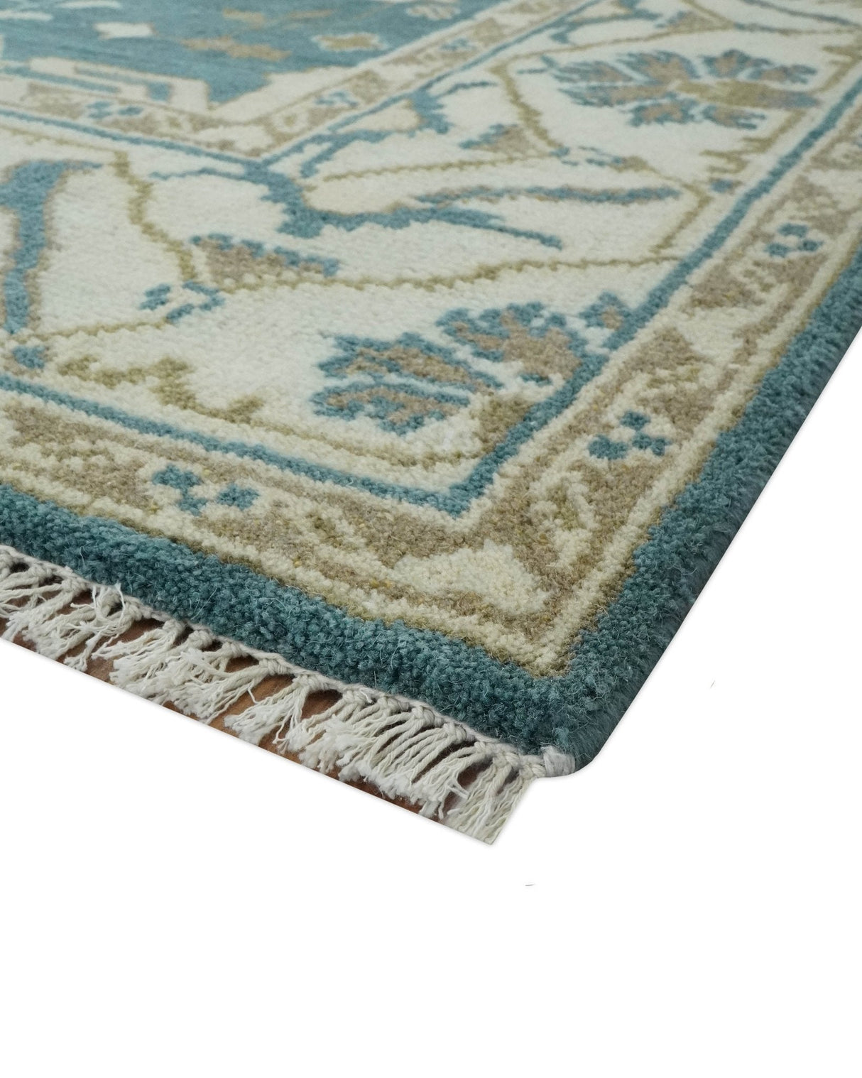 Teal, Ivory and Olive 6x9 Hand Knotted Oriental Oushak wool area rug